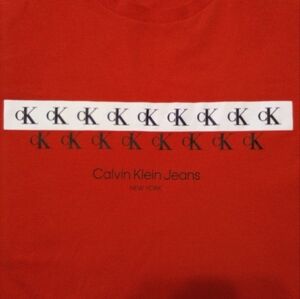 Calvin Klein Women's Medium Red T-Shirt Repeating Dual Layered CK Strips